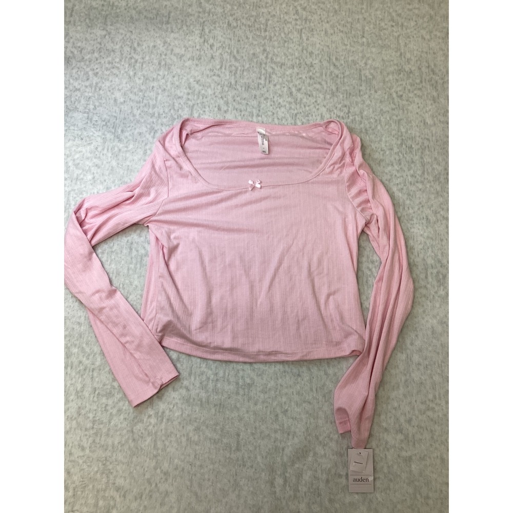 Auden Womens Pink Ribbed Long Sleeve Sleep Top Scoop Neck Bow Detail Large NEW